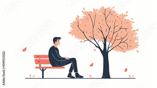 A young man sitting on a bench under a tree with autumn leaves, enjoying a peaceful moment. photo