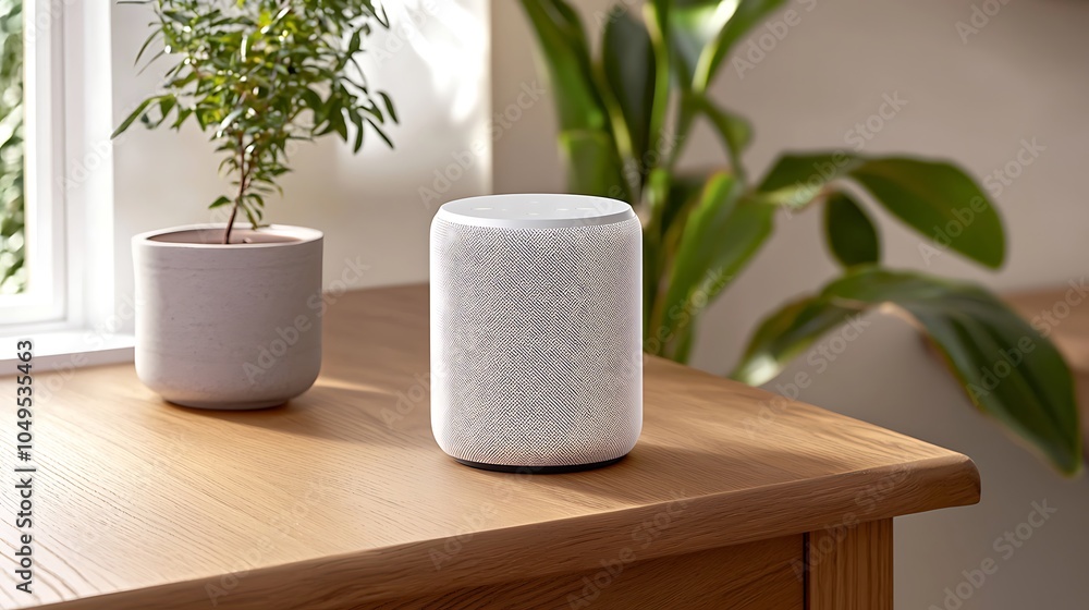 Obraz premium Innovative smart speaker enhancing home ambiance with modern design and eco-friendly features in a contemporary living space