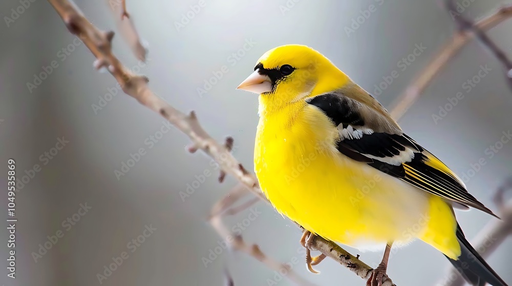 Fototapeta premium The beauty of nature captured in a bright yellow goldfinch resting on a thin twig with its wings folded displaying intricate black markings radiating a sense of tranquility and grace