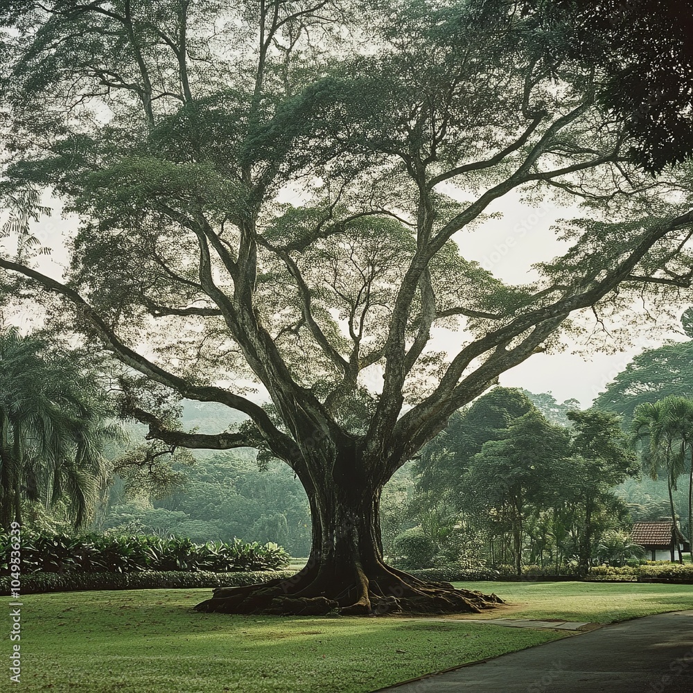 Obraz premium A large tree that is hundreds of years old in the Bogor Botanical Gardens, West Java, Indonesia.