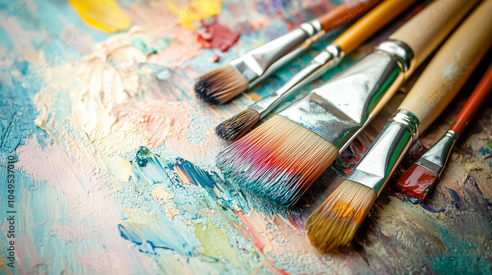 Fototapeta premium A variety of artist brushes are arranged on an expressive palette, showcasing their vibrant colors and textures