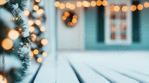 Green garlands wrapped around a snowy porch, warm lights softly glowing, twilight, medium shot photo