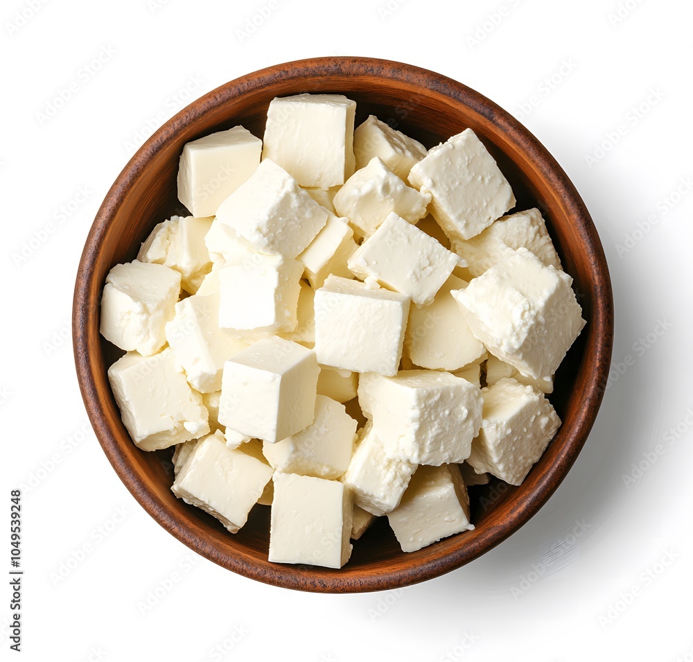 Feta cheese cubes in a bowl, isolated on a white background Feta cheese cubes in a bowl, isolated on a white background