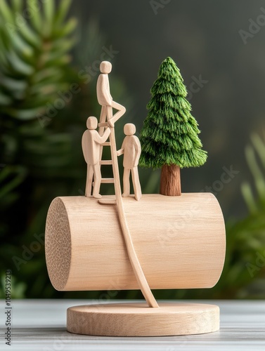 wooden figure representing leadership concept. Wooden figures climbing a log beside a tree, representing teamwork and nature. photo