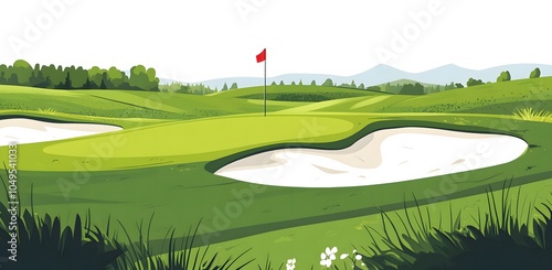 Flat design illustration of a golf course with a flag, green grass, and a sand bunker in the background