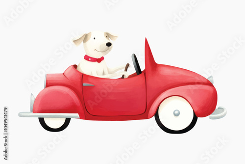 Dog driving red car illustration