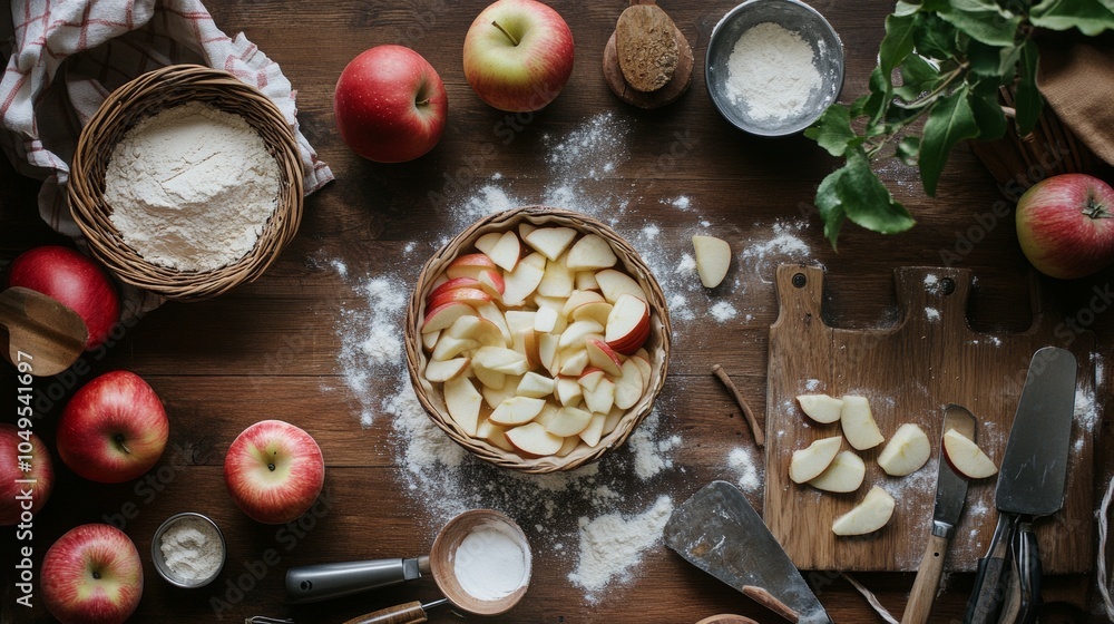 2410_003.overhead view of apple pie ingredients, basket of ripe apples, sliced apple pieces, flour dusted surface, baking utensils, rustic farmhouse kitchen, diffused daylight, nostalgic baking scene 2410_003.overhead view of apple pie ingredients, basket of ripe apples, sliced apple pieces, flour dusted surface, baking utensils, rustic farmhouse kitchen, diffused daylight, nostalgic baking scene