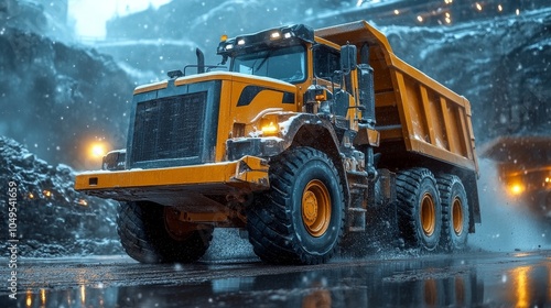 Heavy-duty dump truck navigating a snowy construction site