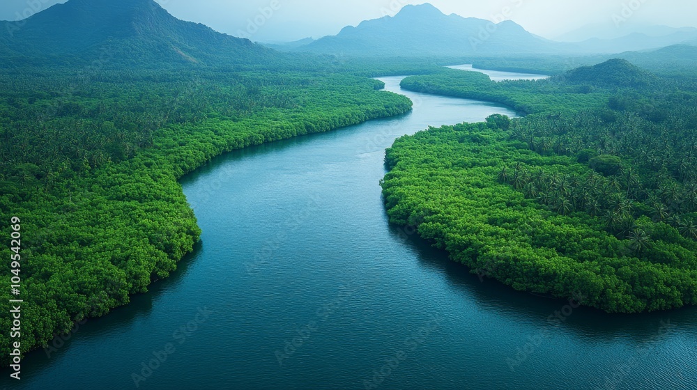 Serene river winding through lush green mangroves Serene river winding through lush green mangroves