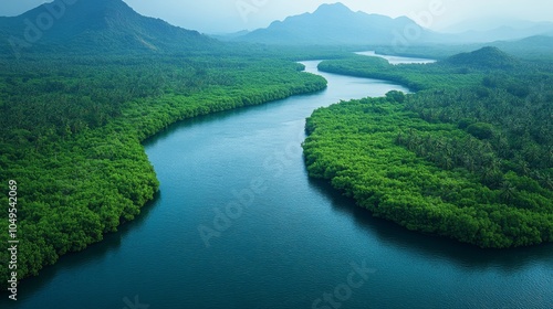 Serene river winding through lush green mangroves