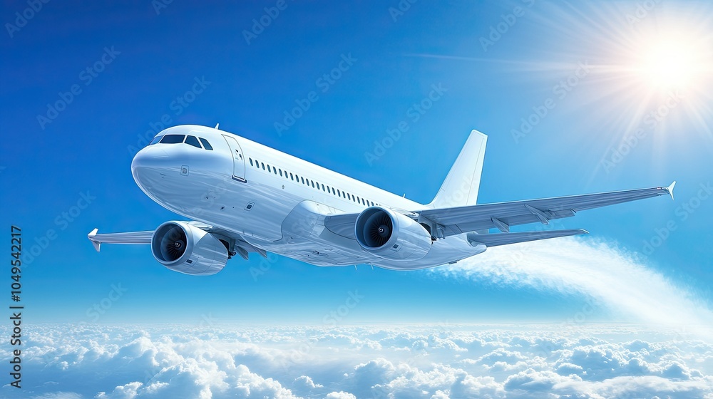 Obraz premium A jet airplane flying across the deep blue sky, its engines leaving a white trail behind as it soars through the air.