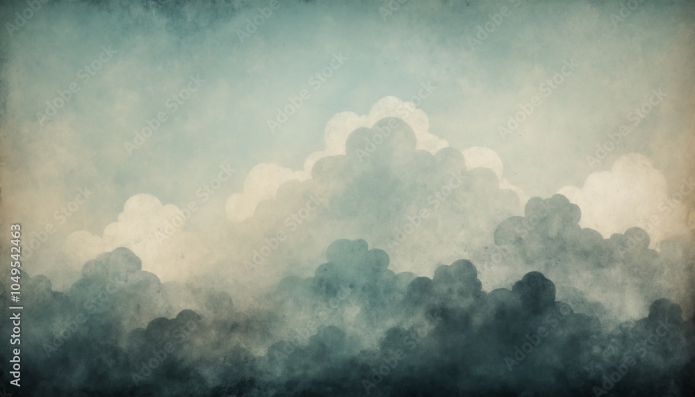 Faded grunge clouds with rough texture, dark shadows, and light, misty highlights in gray tones