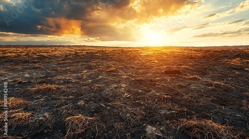 41 Scorched earth in the wake of El Nino, dead vegetation scattered across the landscape, wideangle shot, intense midday sun, warm, desaturated tones photo