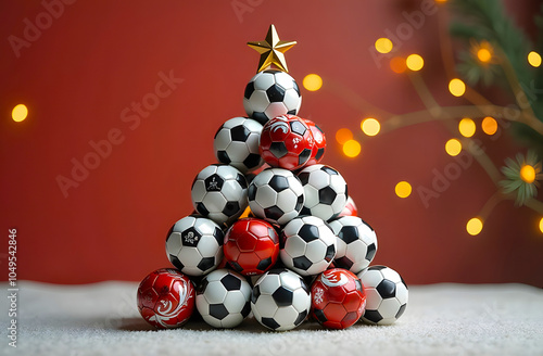 Creative Christmas tree made of colorful soccer balls on a red background during the winter holidays