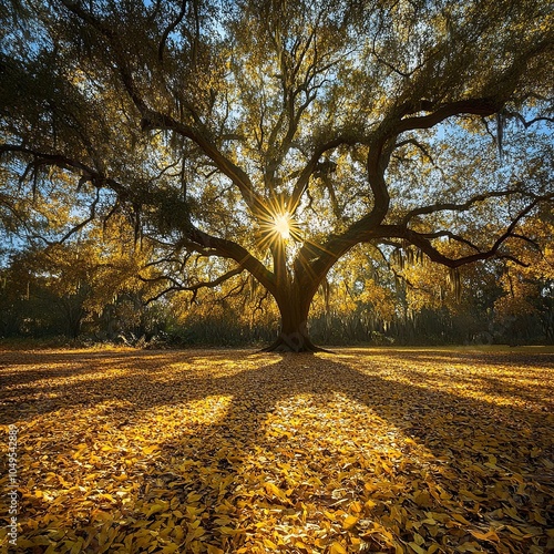 A sunlit big oak tree yellow leaves on the ground at Johns Island, SC, USA photo