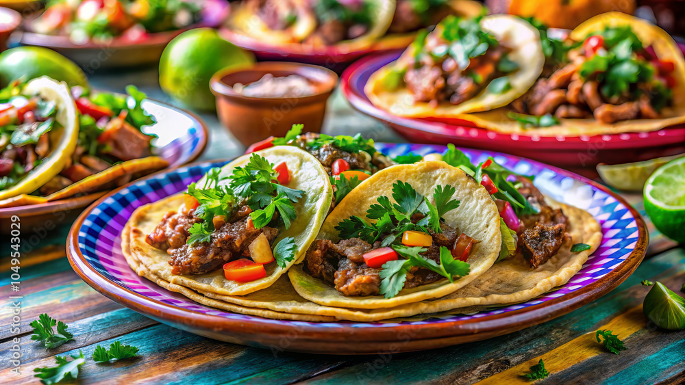 Delicious tacos filled with seasoned beef, topped with fresh herbs and vegetables Delicious tacos filled with seasoned beef, topped with fresh herbs and vegetables