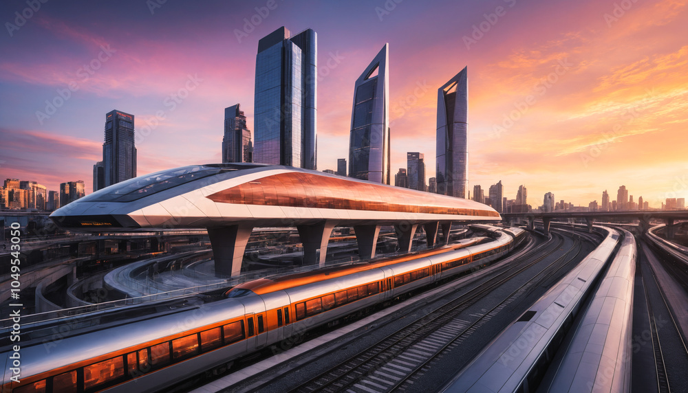 Futuristic modern high-tech city, country skyline at sunset Futuristic modern high-tech city, country skyline at sunset