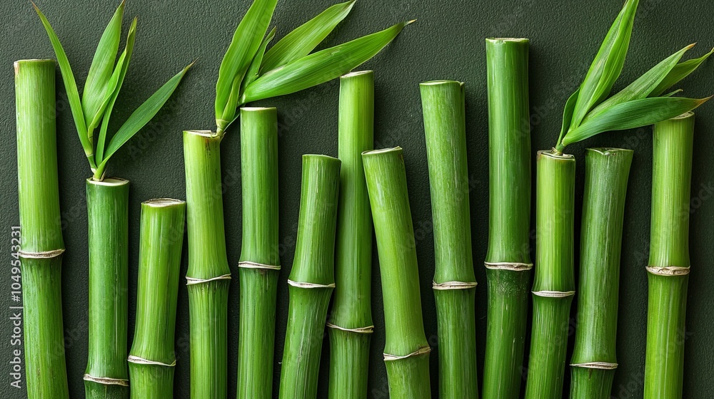 A collection of green bamboo stalks with leaves against a dark background. A collection of green bamboo stalks with leaves against a dark background.
