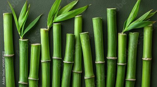 A collection of green bamboo stalks with leaves against a dark background.