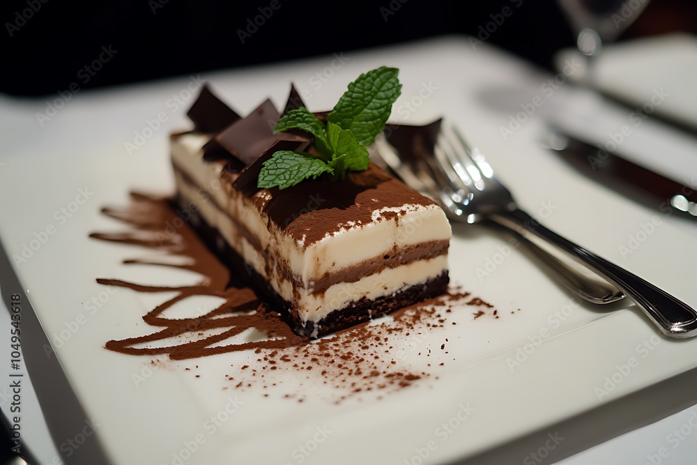 Tiziano di Gammare-Style Photo of Elegant Glass with Delicious Italian Tiramisu: Layered Coffee and Soft Cream Cheese Dessert on Brown Cake, Dusted with Cocoa Powder and Garnished with Mint Leaves Tiziano di Gammare-Style Photo of Elegant Glass with Delicious Italian Tiramisu: Layered Coffee and Soft Cream Cheese Dessert on Brown Cake, Dusted with Cocoa Powder and Garnished with Mint Leaves