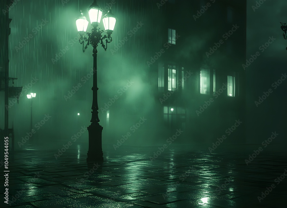 Naklejka premium foggy night in the city square, with street lamps
