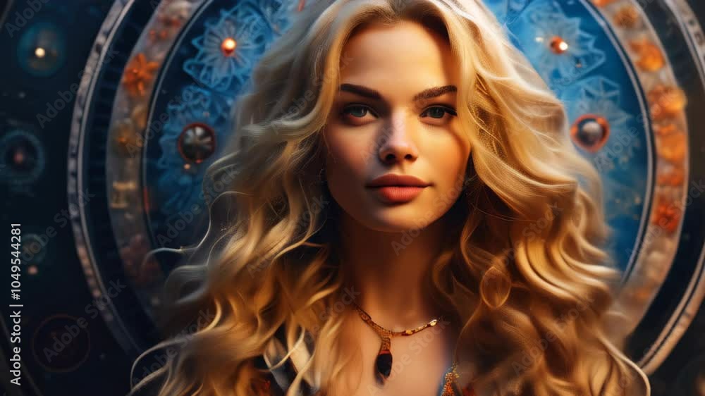 A mesmerizing portrait featuring a woman with long wavy blonde hair and a captivating background in a mystical setting A mesmerizing portrait featuring a woman with long wavy blonde hair and a captivating background in a mystical setting
