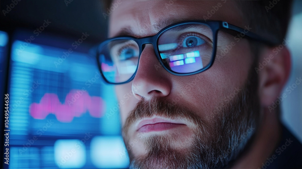 Focused Analyst: A close-up shot of a concentrated man in glasses, his eyes reflecting the data on the computer screen, capturing the intensity of analyzing financial trends. Focused Analyst: A close-up shot of a concentrated man in glasses, his eyes reflecting the data on the computer screen, capturing the intensity of analyzing financial trends.