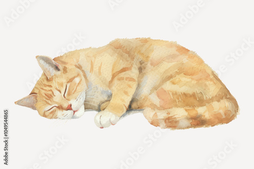 Watercolor sleeping orange cat illustration