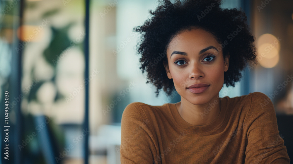 Woman with curly hair in a cozy café, enjoying a moment of reflection during the afternoon Woman with curly hair in a cozy café, enjoying a moment of reflection during the afternoon