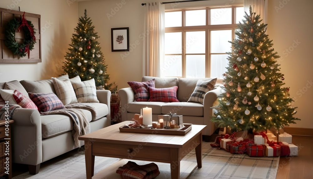A cozy living room with a Christmas tree, plaid pillows, and a wooden coffee table with holiday decorations. A cozy living room with a Christmas tree, plaid pillows, and a wooden coffee table with holiday decorations.