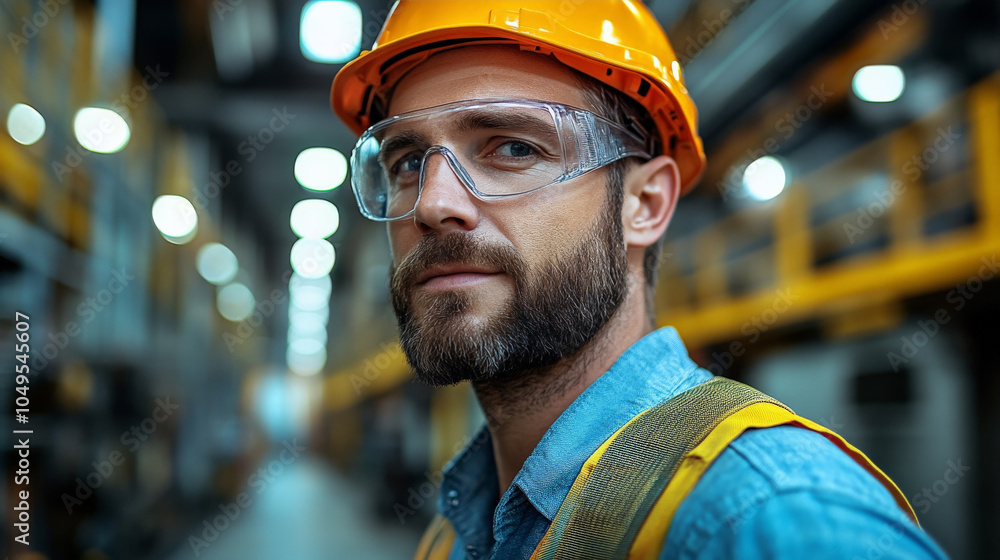 Focused Industrial Worker: A portrait of a determined male worker in a factory setting, wearing safety glasses and a hard hat, conveying strength, expertise, and dedication. Focused Industrial Worker: A portrait of a determined male worker in a factory setting, wearing safety glasses and a hard hat, conveying strength, expertise, and dedication.