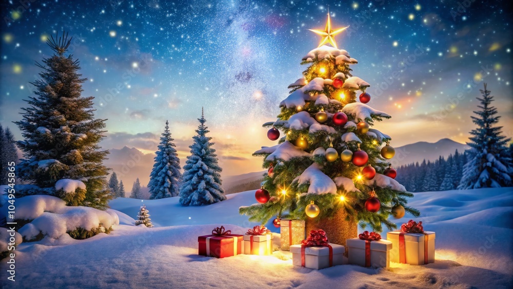Obraz premium Christmas Tree with Presents: Festive Holiday Decor for Winter Landscapes