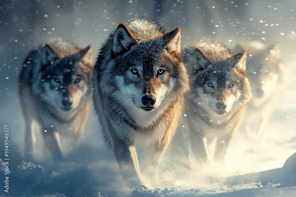 Wolves Moving Silently Through Snowy Landscape Wolves Moving Silently Through Snowy Landscape