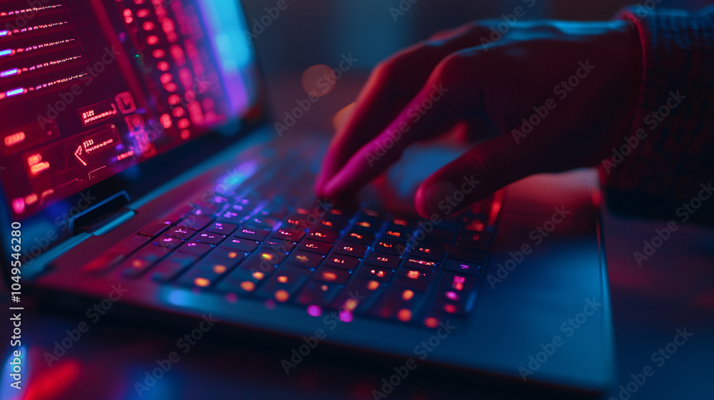 A close-up of a hand typing on a laptop with colorful neon lights in a dark environment