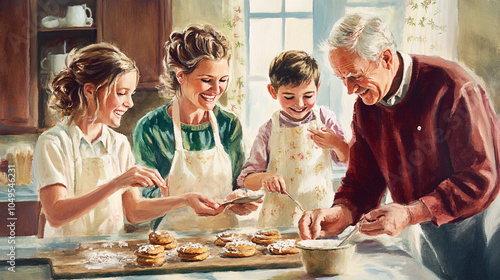 Family gathered in the kitchen baking holiday cookies, smiling and laughing together