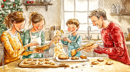 Family gathered in the kitchen baking holiday cookies, smiling and laughing together