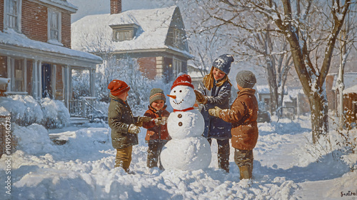 Children bundled up in winter clothes, building a snowman in a front yard covered in snow