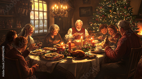 Family gathered around a festive holiday table, sharing a meal and enjoying each other's company