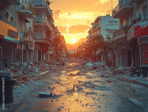 Devastated Urban Landscape, a cityscape transformed by destruction, streets buried under rubble, remnants of buildings, echoes of chaos photo