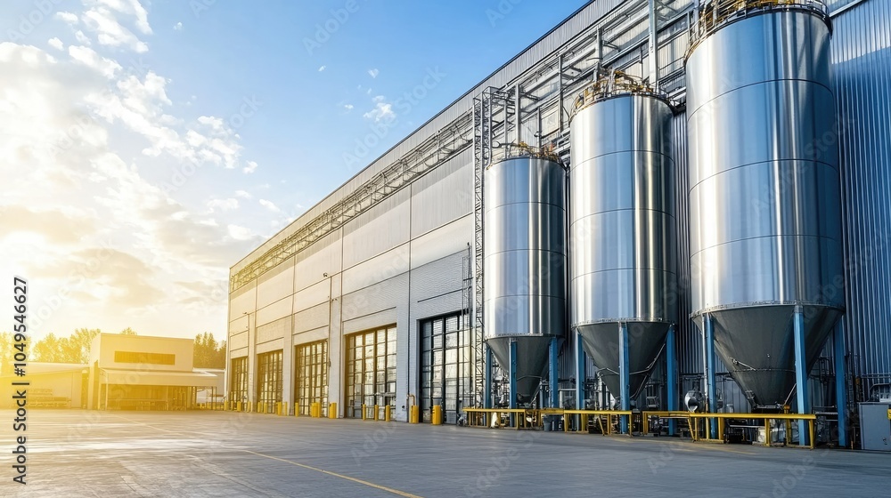 A modern silo warehouse with shiny metal silos aligned in a row, reflecting sunlight, with large industrial doors visible in the background. A modern silo warehouse with shiny metal silos aligned in a row, reflecting sunlight, with large industrial doors visible in the background.