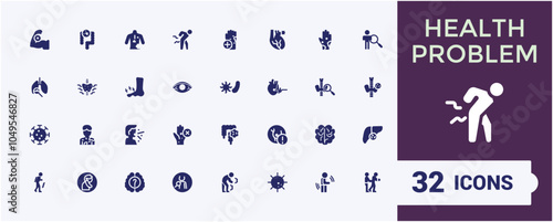 Disease solid web icon set. Includes flat filled asthma, virus, damage, treatment, insomnia, influenza and more. Modern flat icons. Vector illustration in modern flat style.