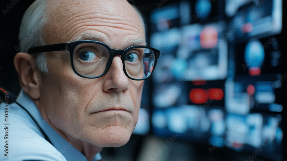 Intrigued Senior Scientist: Close-up portrait of a thoughtful senior scientist, glasses, pensive expression, looking over shoulder, technology background. Intrigued Senior Scientist: Close-up portrait of a thoughtful senior scientist, glasses, pensive expression, looking over shoulder, technology background.