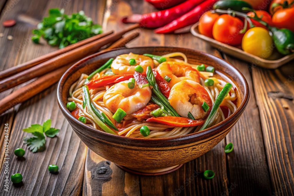 Close-Up of Delicious Chinese Style Shrimp Noodles with Herbs and Vegetables for Culinary Inspiration Close-Up of Delicious Chinese Style Shrimp Noodles with Herbs and Vegetables for Culinary Inspiration