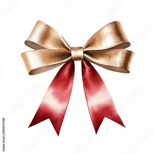 Elegant gold and red ribbon bow on white background, perfect for gifting, decoration, or festive occasions. High-quality stock image.