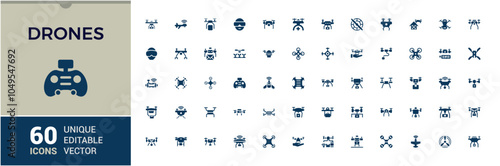 Drones solid icons collection. Featuring drones, flight, drone camera, remote, aircraft, multicopter and more. Filled icon set. Vector illustration.
