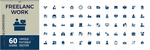 Freelancing icons in filled style. Featuring online, virtual office, job, work from home, freelance, remote and more. Flat solid style icons pack. Vector icons editable glyph.