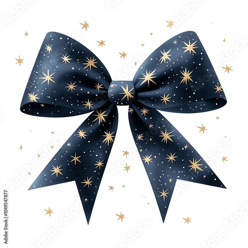 Elegant navy blue ribbon with gold starry pattern, perfect for festive occasions, gift wrapping, and holiday decorations. photo