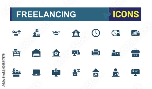 Freelancing solid web icon set. Containing online, virtual office, self-employment, comfortable, job, online collaboration and more. Minimalist flat filled icon. Editable vector glyph.