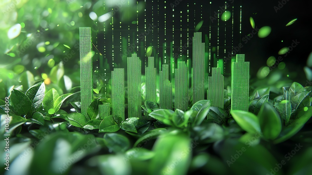 38 Financial charts on green data, fresh leaves scattered, sustainable business, 3D illustration 38 Financial charts on green data, fresh leaves scattered, sustainable business, 3D illustration