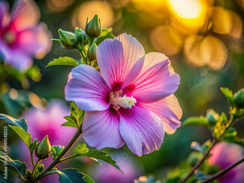 Close-Up of Mugunghwa: Beautiful Rose of Sharon Hibiscus syriacus in Soft Low Light in South Korea's Natural Landscape photo